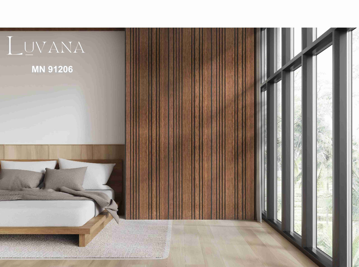 Luvana walnut wood-grain random-width louver panel, MN-91206