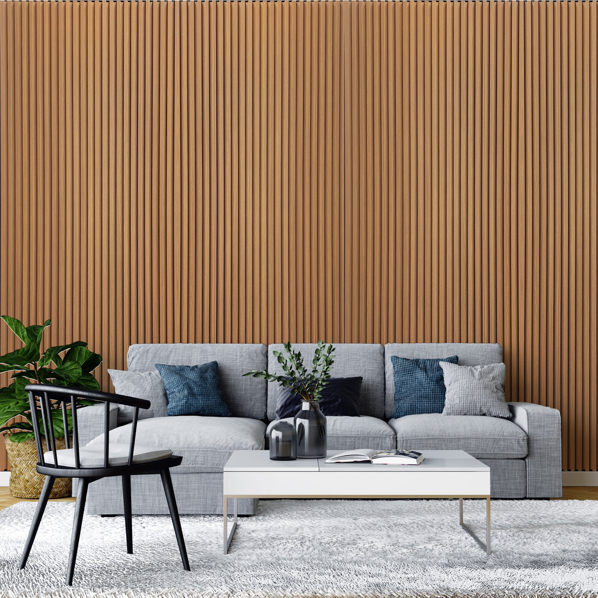 Medium oak brown wood-grain fluted louver panel MN-91214