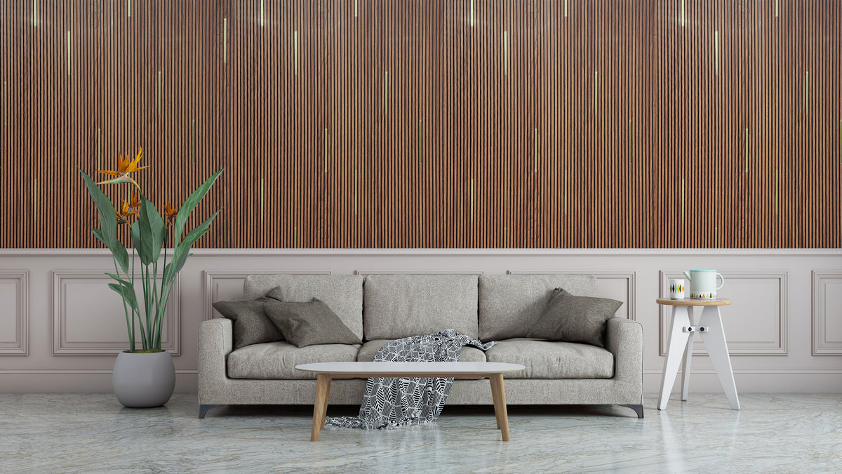 Brown wood-grain narrow-slat louver panel with gold inlay strip, Mystic MN-91215