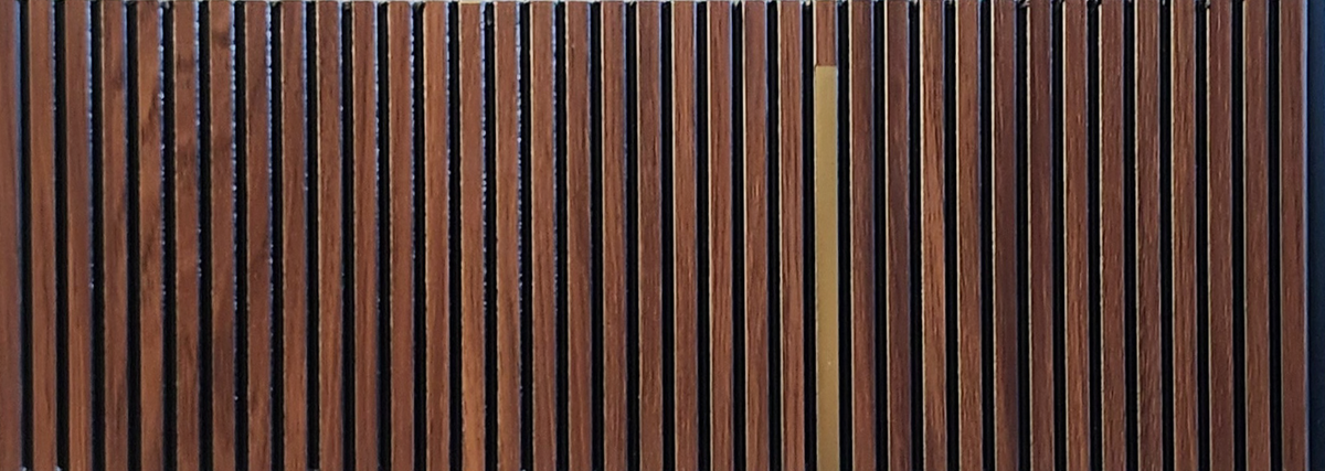 Brown wood-grain narrow-slat louver panel with gold inlay strip, Mystic MN-91215