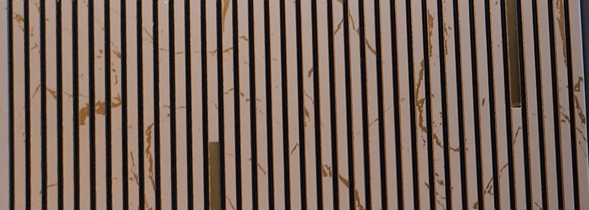 Beige marble louver panel with gold veins and gold inlay strips, Mystic MN-91216