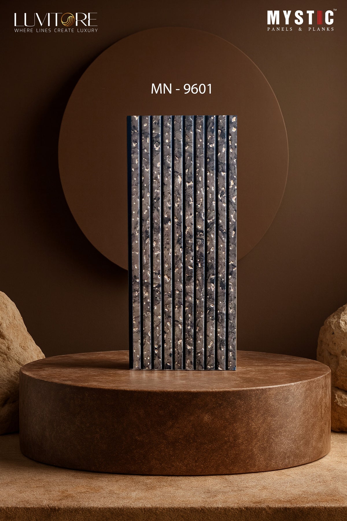 Dark grey speckled stone-look fluted louver panel, Luvitore MN-9601