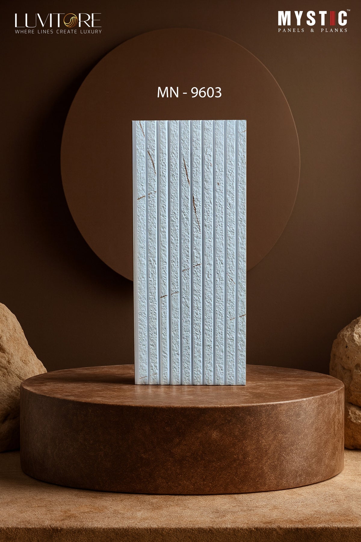 White rough stone-texture fluted louver with brown veins, Luvitore MN-9603