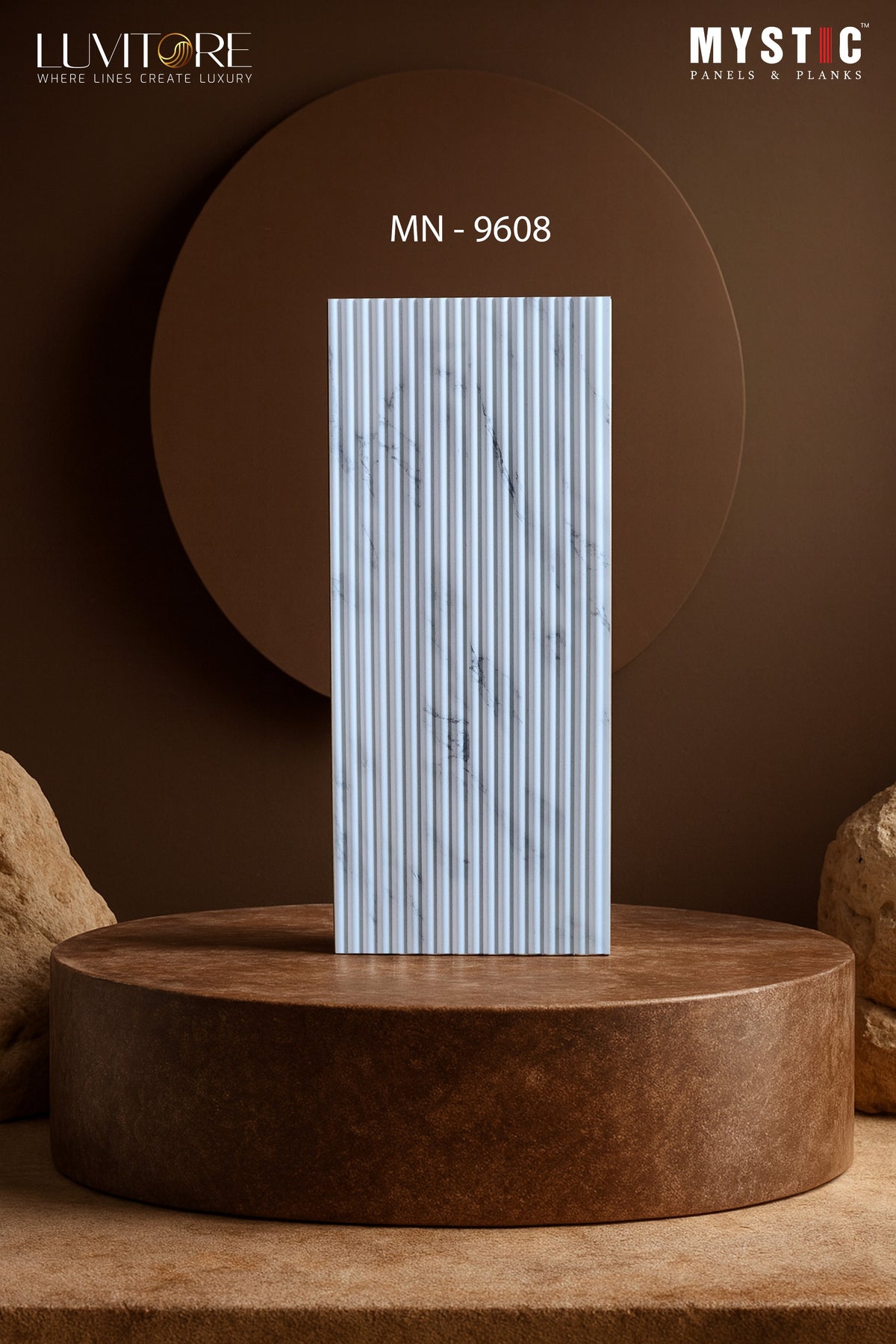White marble-look fine-fluted louver with grey veins, Luvitore MN-9608