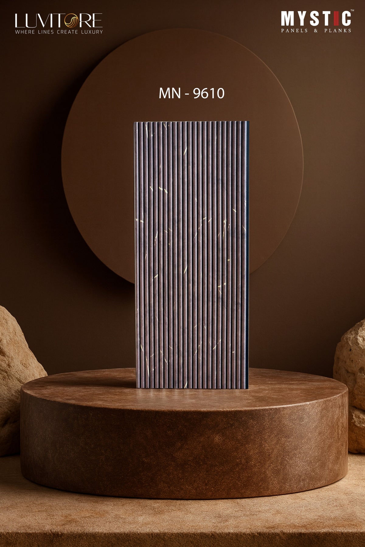 Dark brown marble-look fine-fluted louver with gold veins, Luvitore MN-9610