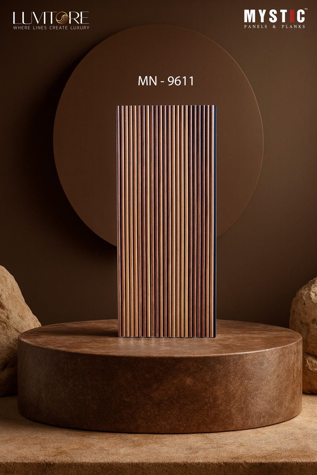 Medium brown wood-grain fine-fluted louver panel, Luvitore MN-9611