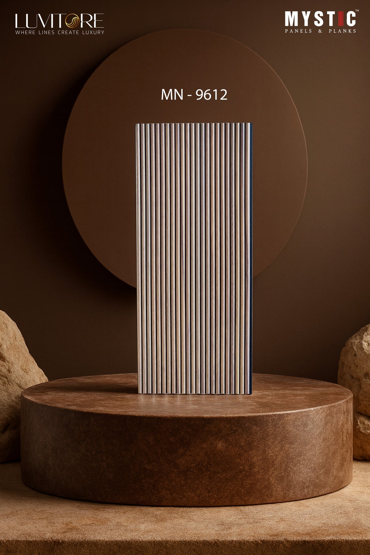 Greige washed oak wood-grain fine-fluted louver panel, Luvitore MN-9612