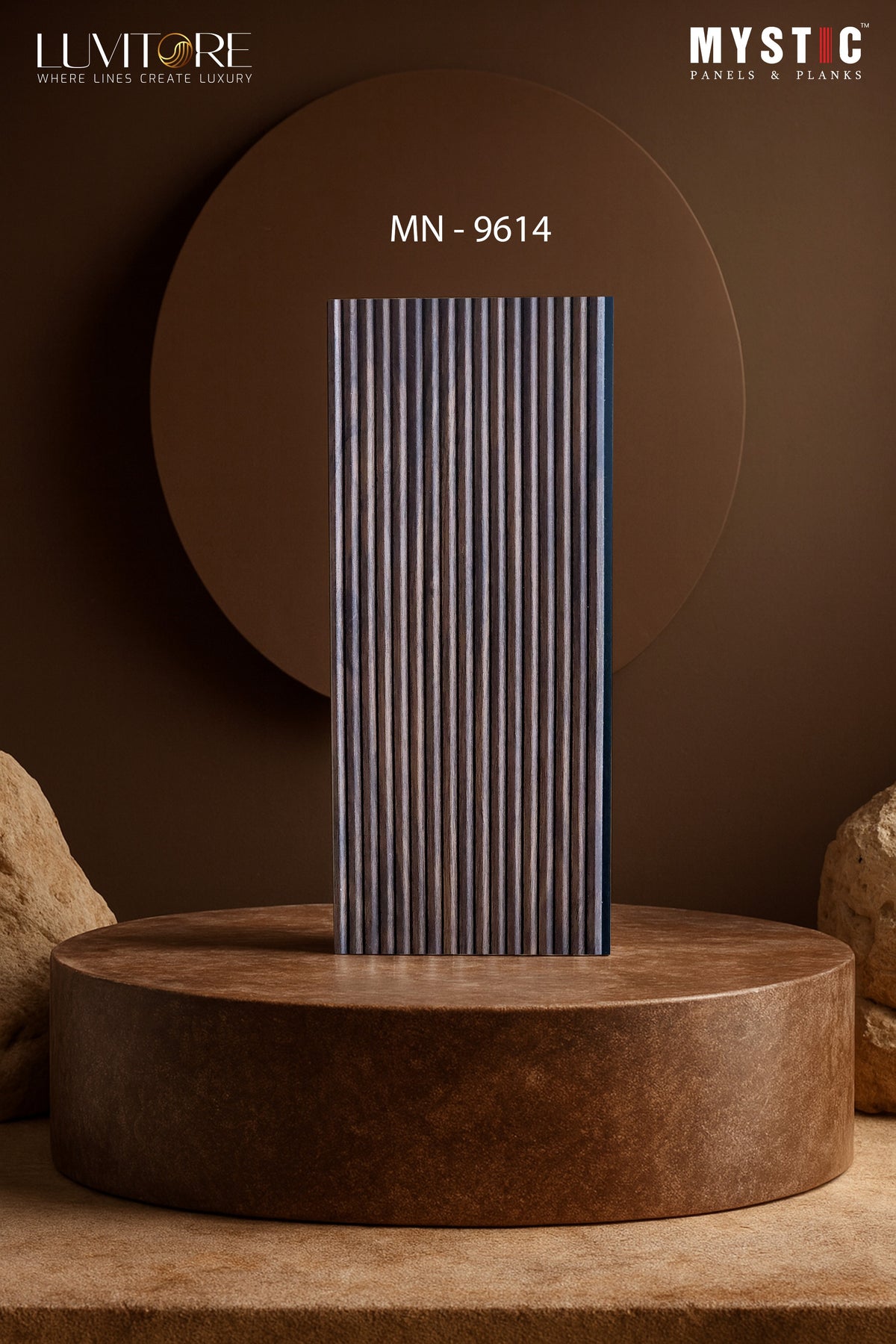 Dark smoked brown wood-grain fine-fluted louver panel, Luvitore MN-9614