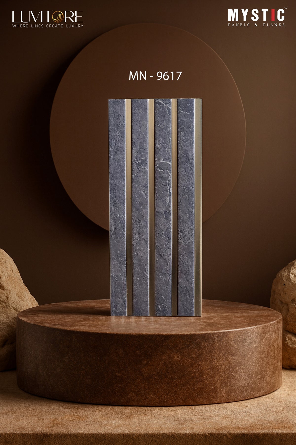 Dark grey slate stone louver with gold metallic strips, Mystic Luvitore MN-9617