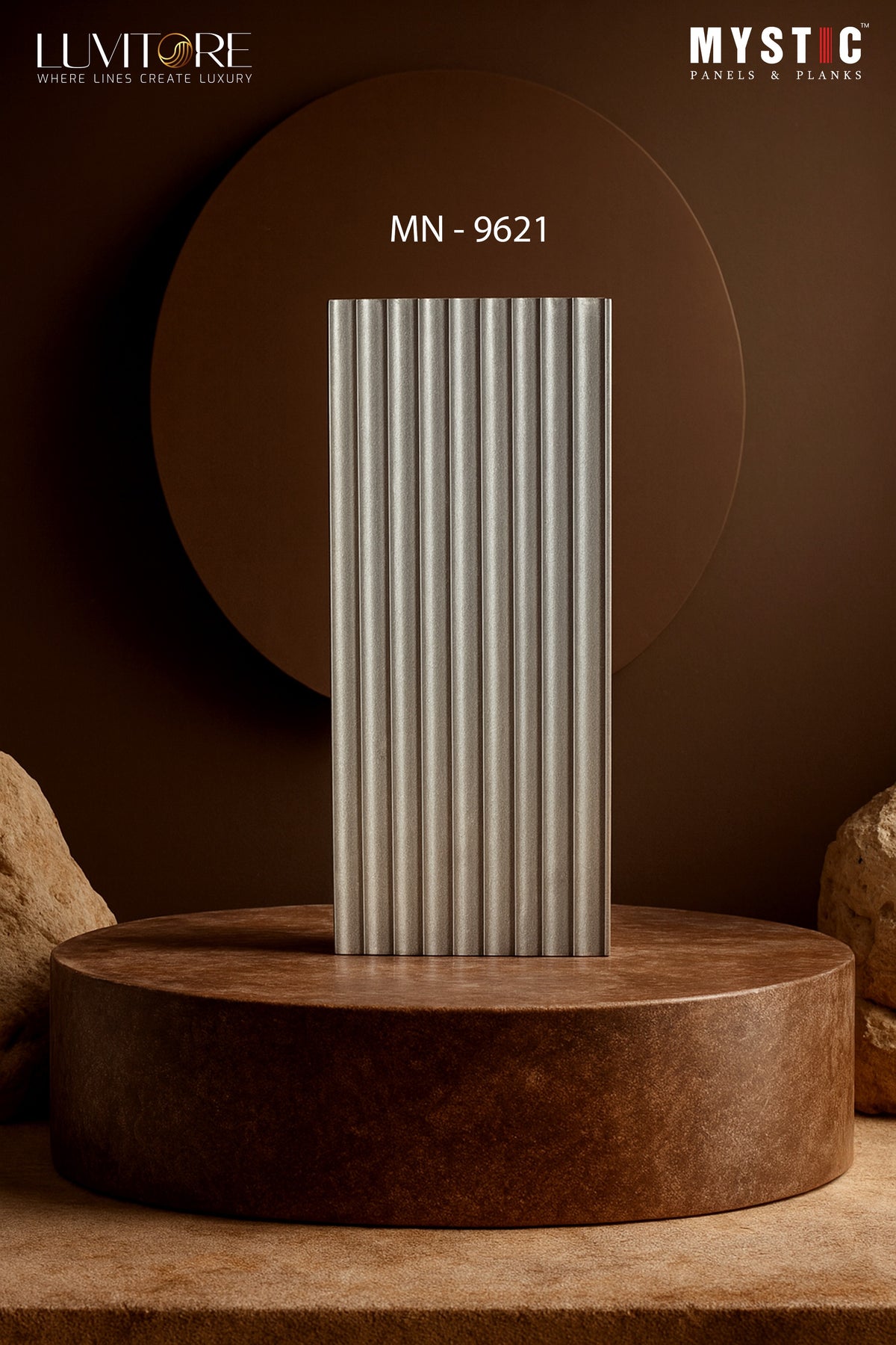 Grey sand-textured fluted louver panel, Mystic Luvitore MN-9621