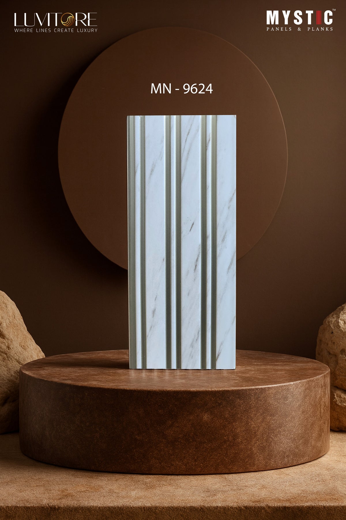 White marble louver with grey veining and champagne grooves, Mystic Luvitore MN-9624