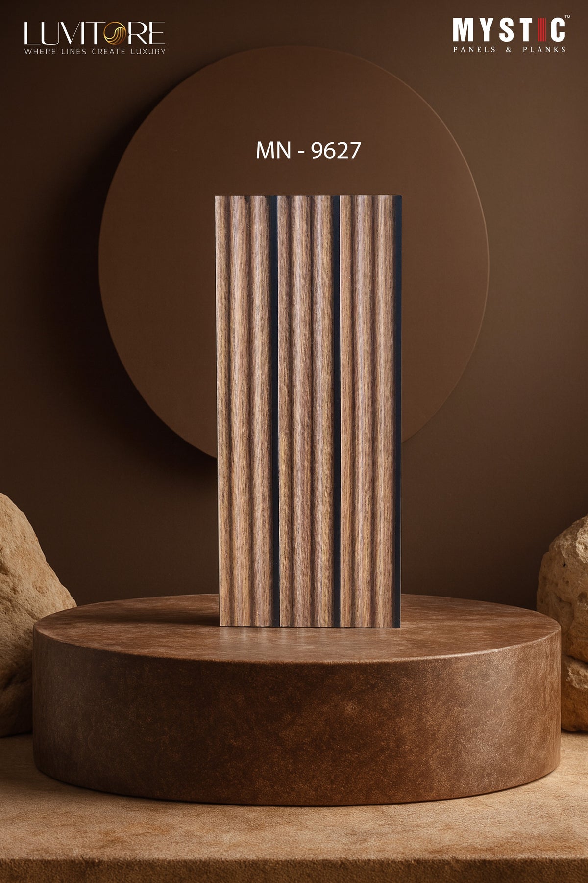 Walnut brown wood fluted louver with black grooves, Mystic Luvitore MN-9627