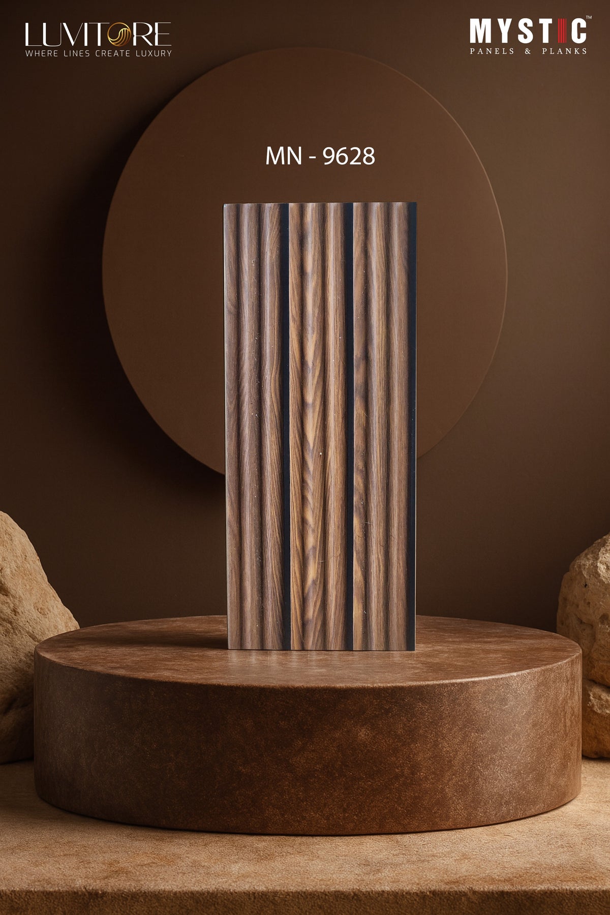 Dark walnut bold-grain fluted louver with black grooves, Mystic Luvitore MN-9628