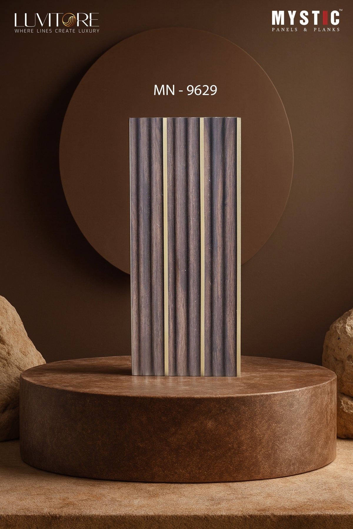 Smoky dark brown wood fluted louver with gold strips, Mystic Luvitore MN-9629