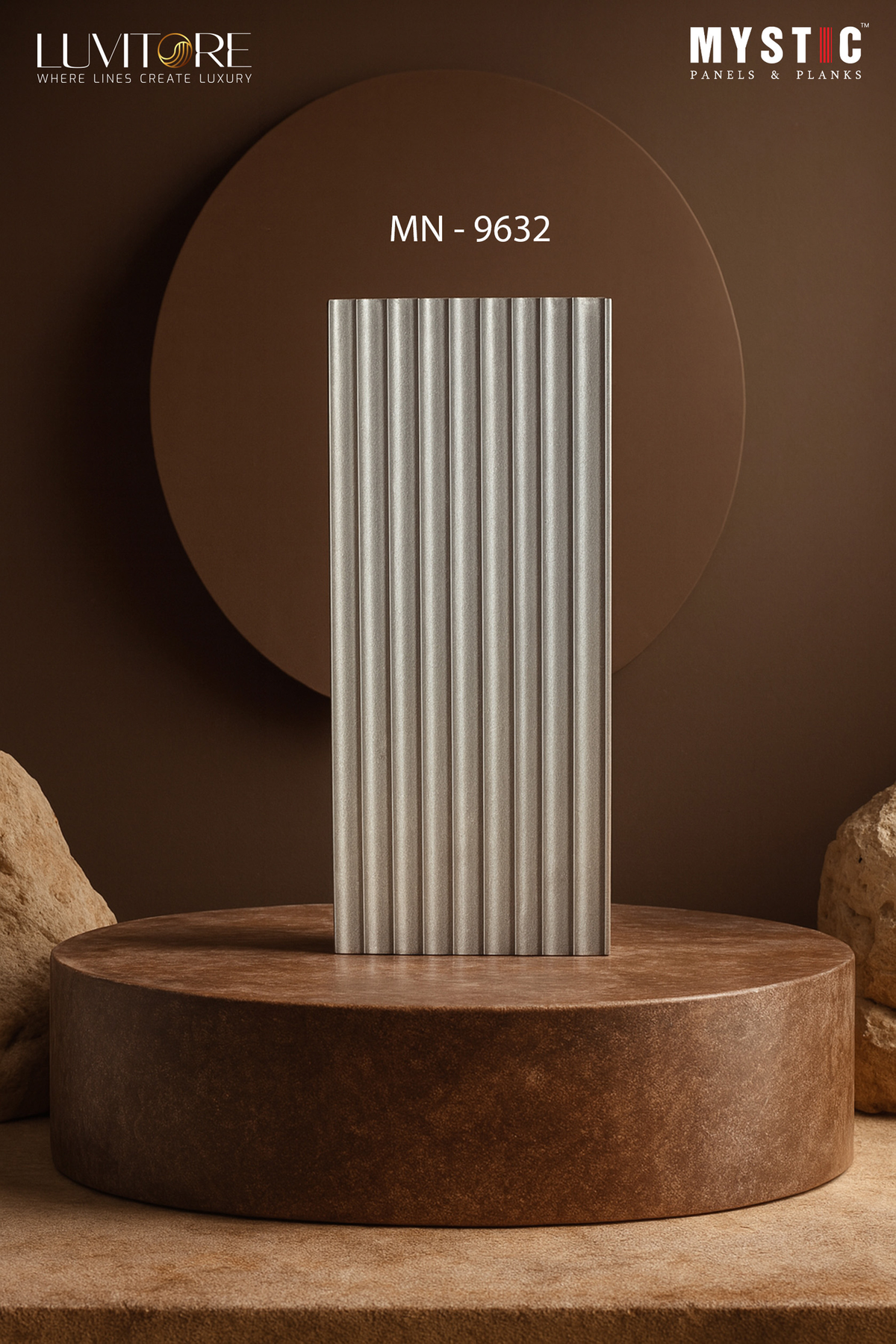 Mystic Luvitore MN-9632 silver metallic fluted louver panel on a pedestal