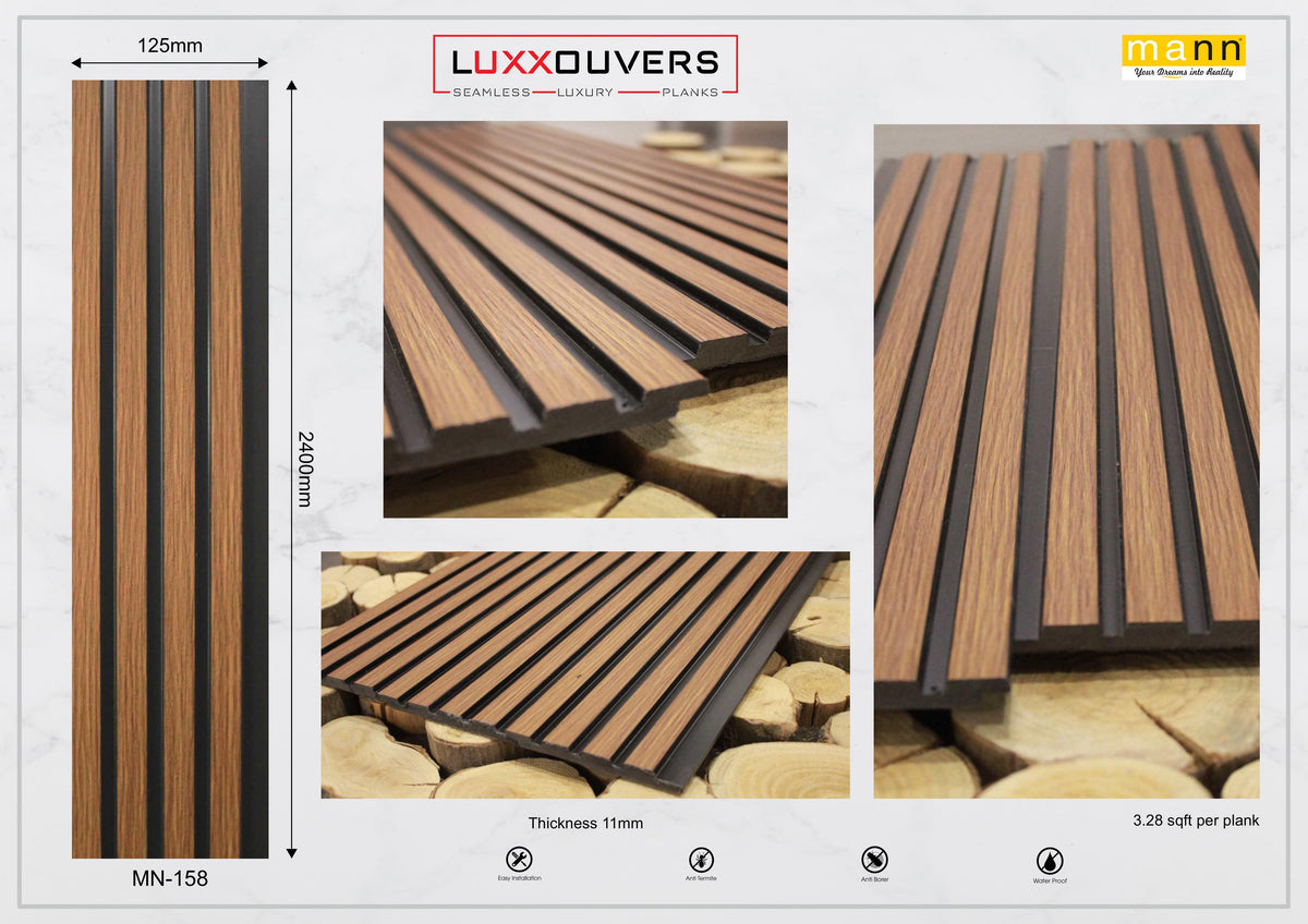 Brown wood-grain louver panel with black inserts, MN 158