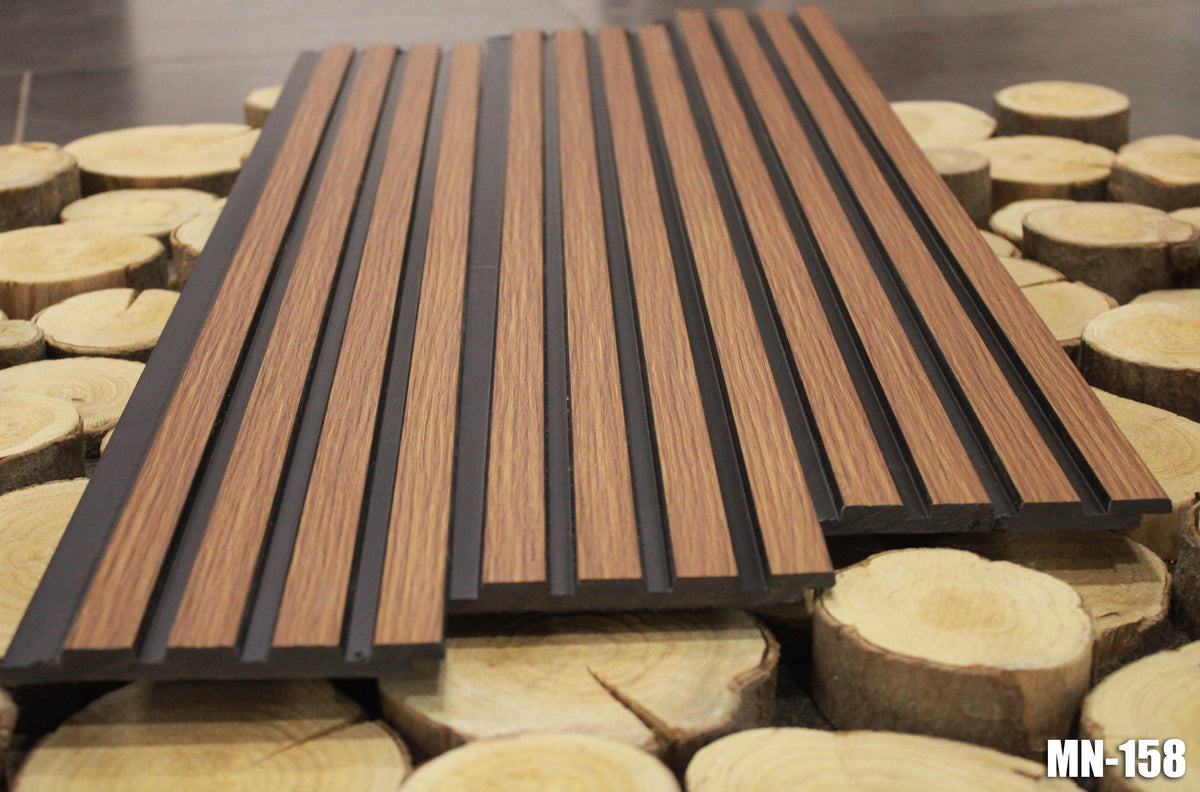 Brown wood-grain louver panel with black inserts, MN 158