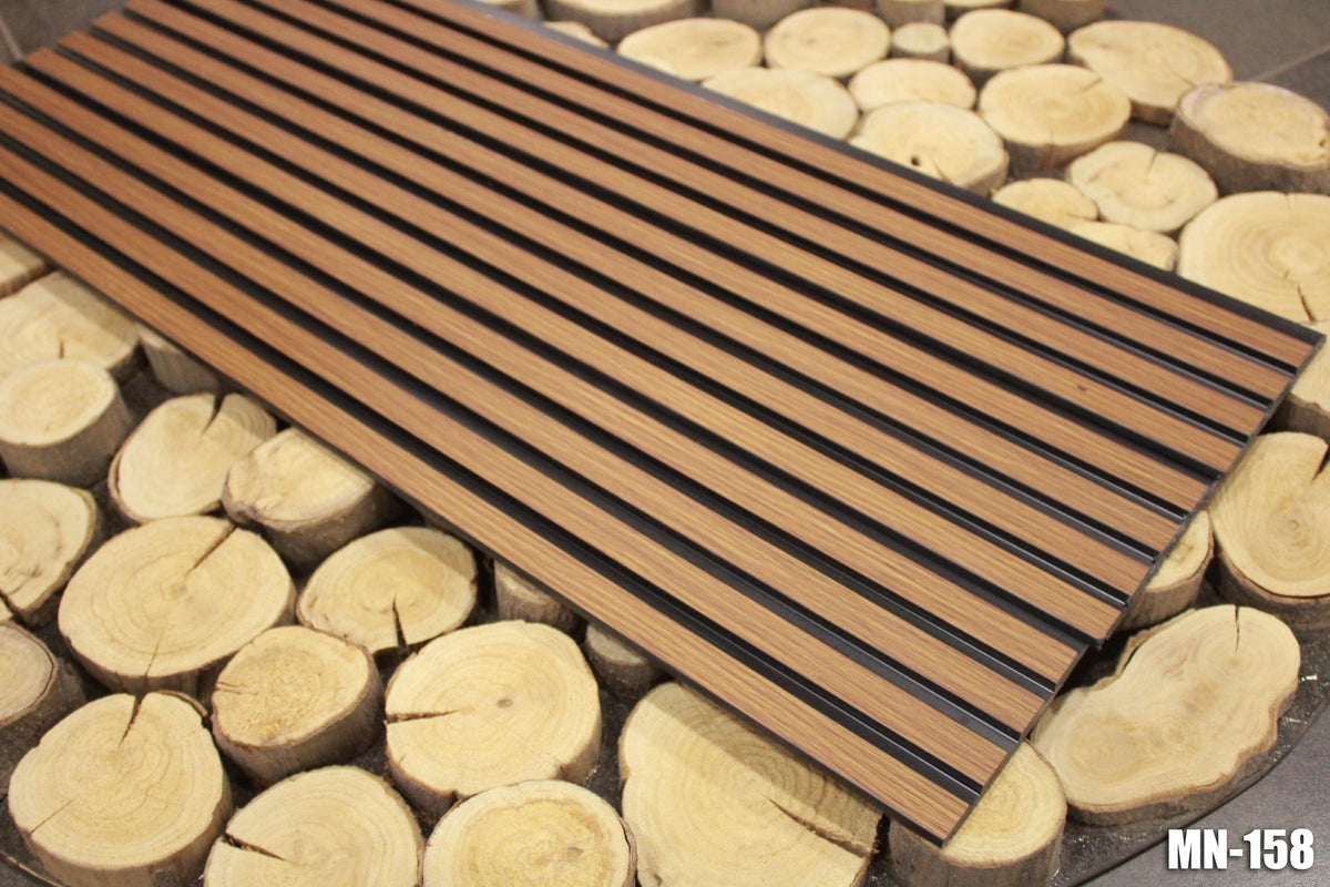 Brown wood-grain louver panel with black inserts, MN 158