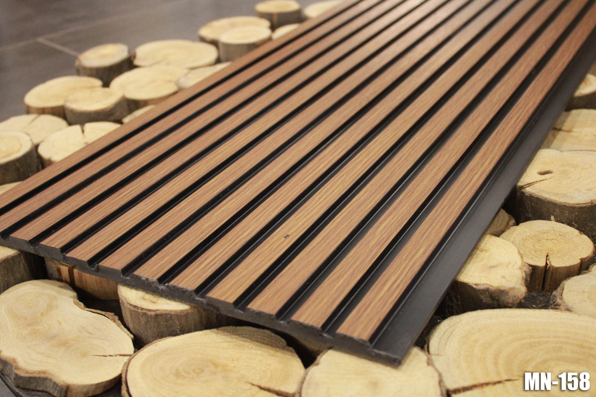 Brown wood-grain louver panel with black inserts, MN 158