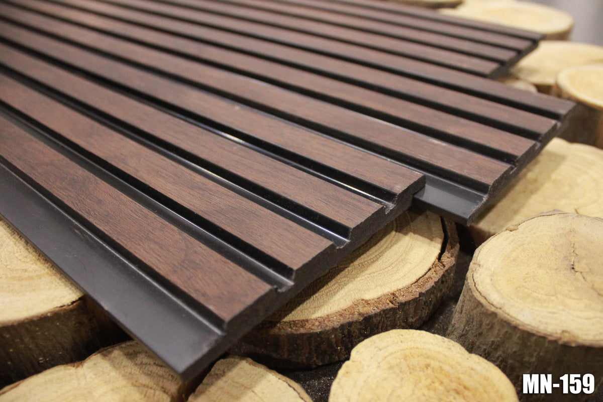 Dark brown wood-grain louver panel with black inserts, MN 159