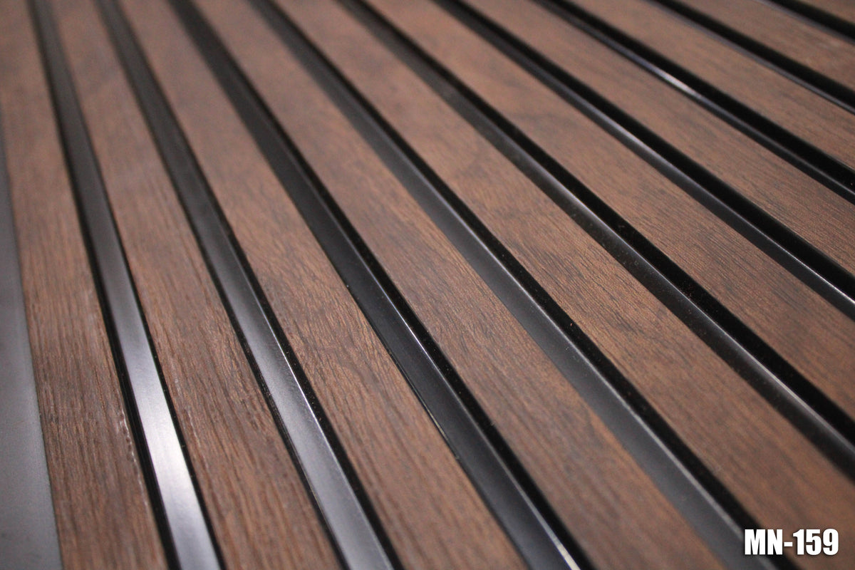 Dark brown wood-grain louver panel with black inserts, MN 159