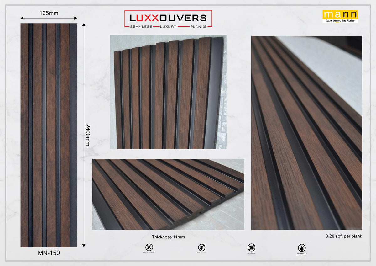 Dark brown wood-grain louver panel with black inserts, MN 159