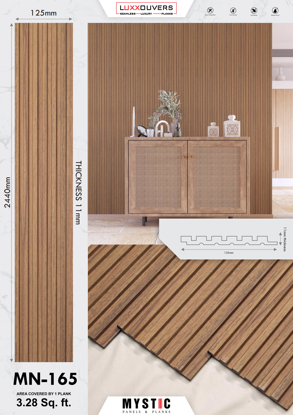 Mystic MN-165 brown wood-grain fluted louver panel, code 165