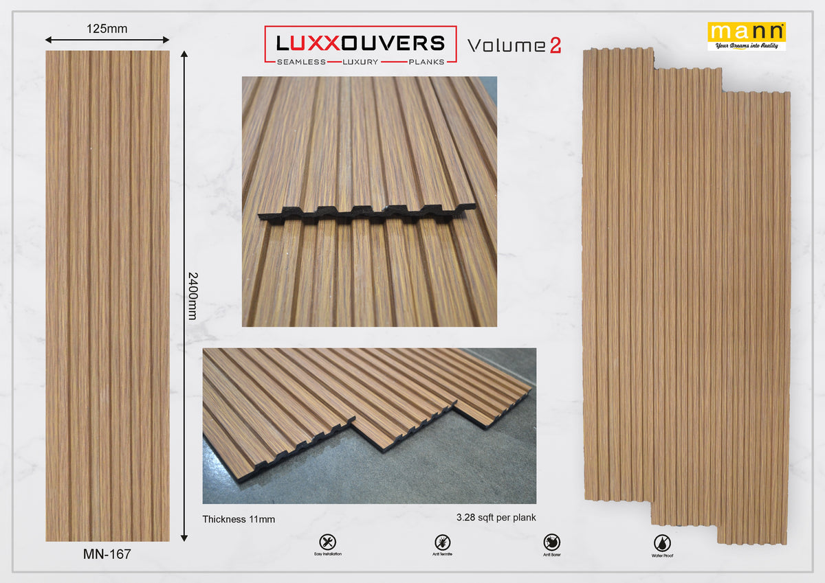 Mystic MN-167 warm brown wood-grain fluted louver panel, code 167