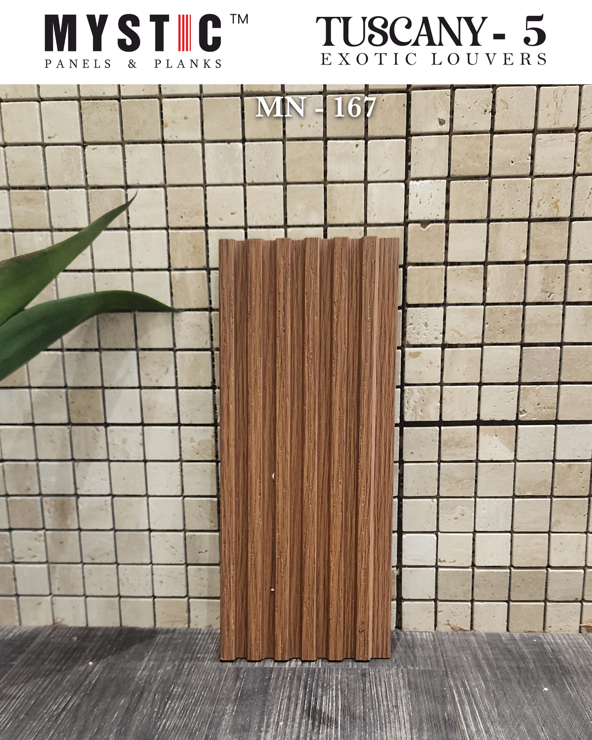 Mystic MN-167 warm brown wood-grain fluted louver panel, code 167