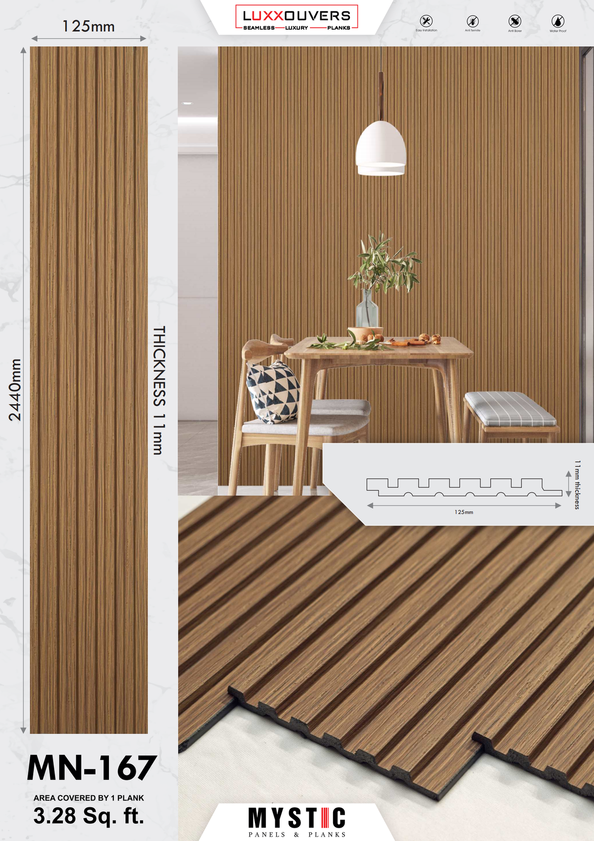 Mystic MN-167 warm brown wood-grain fluted louver panel, code 167