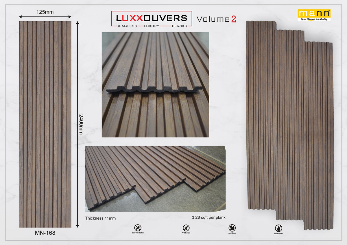 Mystic MN-168 dark brown weathered wood-grain fluted louver panel, code 168