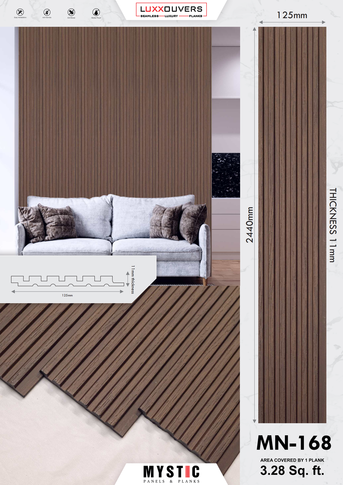 Mystic MN-168 dark brown weathered wood-grain fluted louver panel, code 168