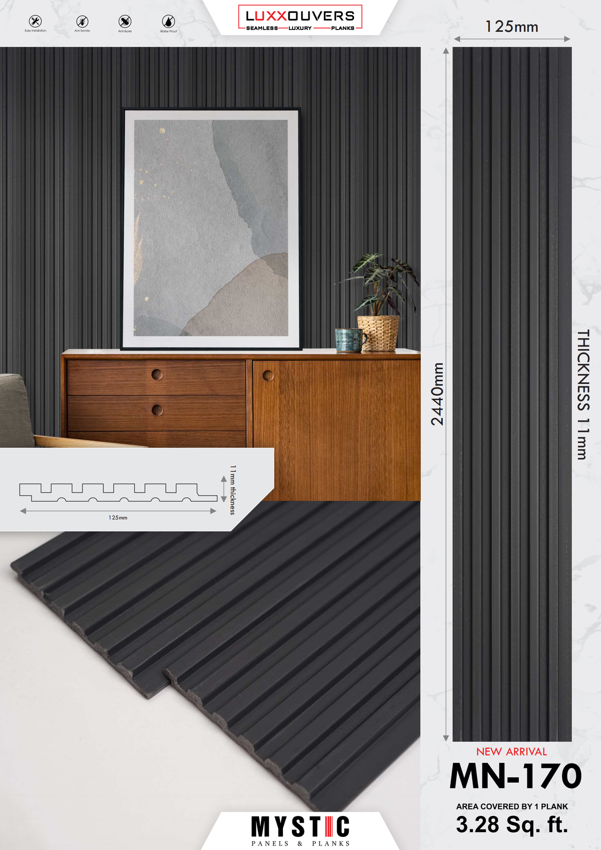 Black fluted Mystic louver panel MN-170