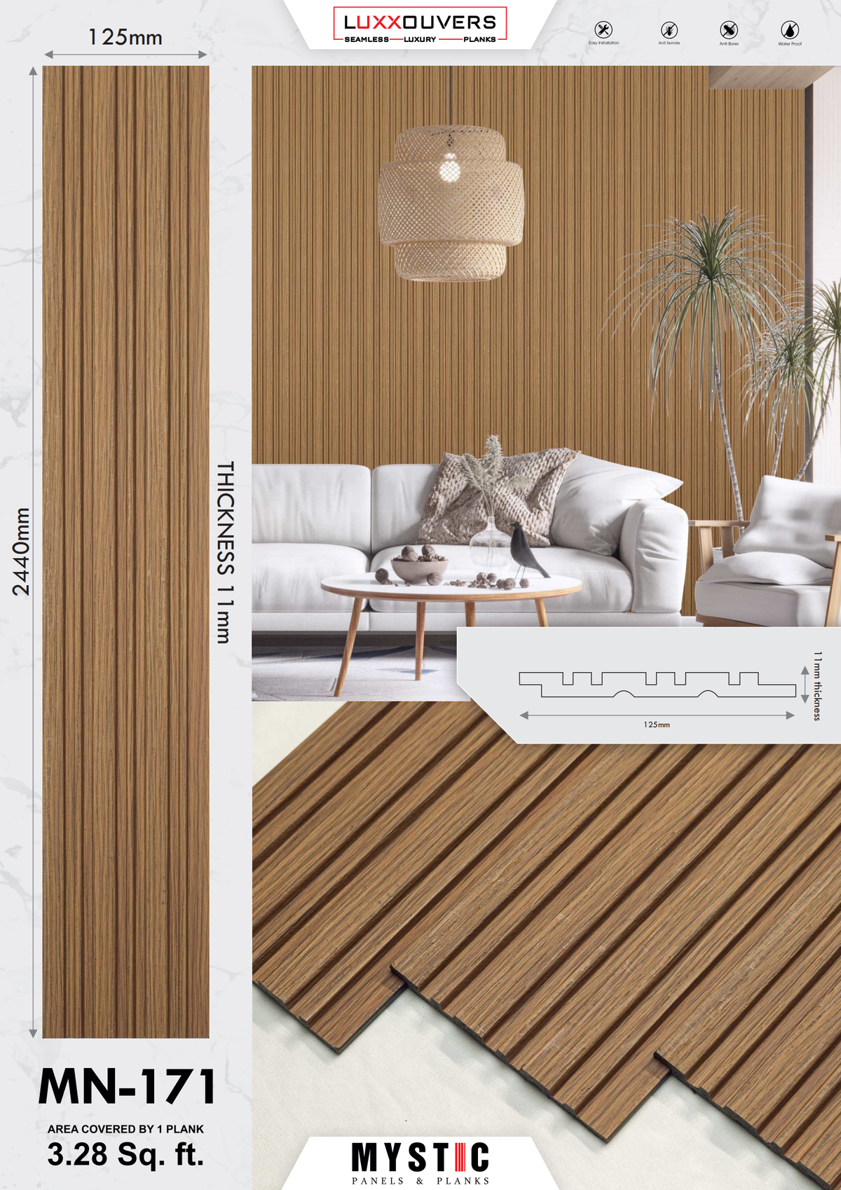 Mystic MN-171 golden brown wood-grain fluted louver panel, code 171