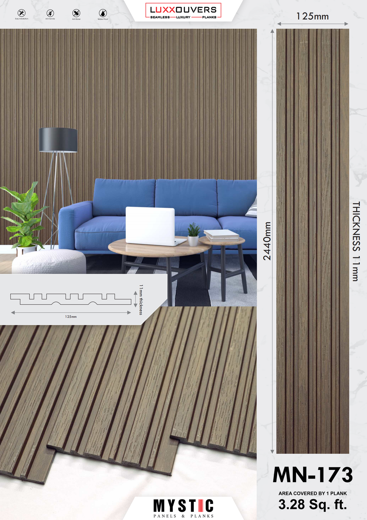 Mystic MN-173 dark brown wood-grain fluted louver panel, code 173