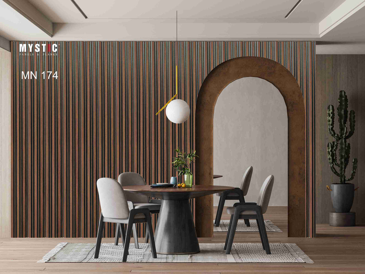 Mystic MN-174 brown wood-grain and dark grey fluted louver panels, code 174