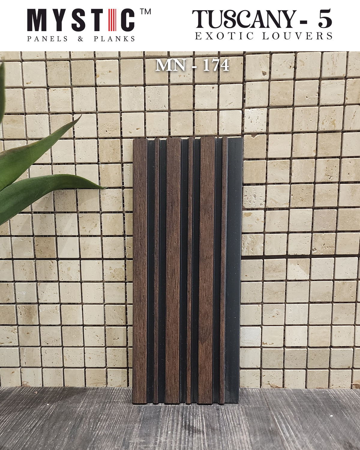 Mystic MN-174 brown wood-grain and dark grey fluted louver panels, code 174