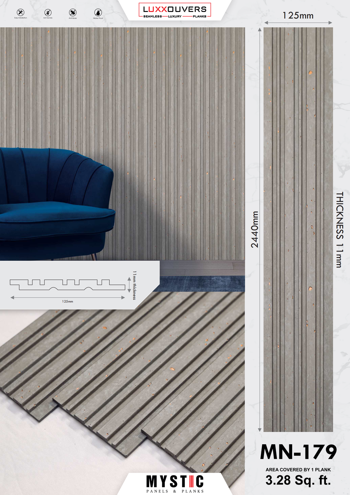 Mystic MN-179 blue-grey concrete look fluted louver face