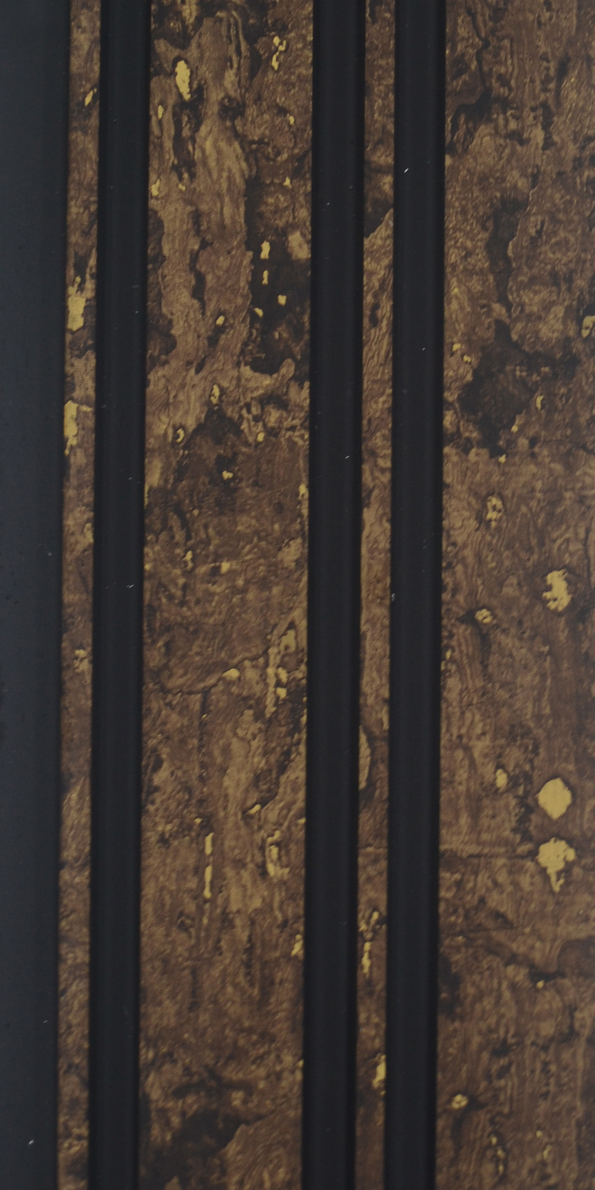 Mystic Luxxouvers MN-578 louver panel, brown cork-burl print with gold flecks and black groove channels