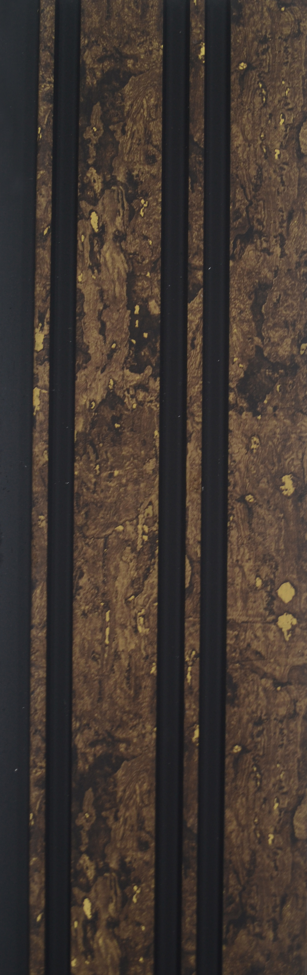 Mystic Luxxouvers MN-578 louver panel, brown cork-burl print with gold flecks and black groove channels