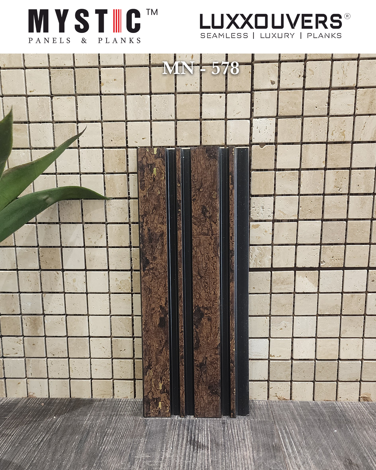 Mystic Luxxouvers MN-578 louver panel, brown cork-burl print with gold flecks and black groove channels