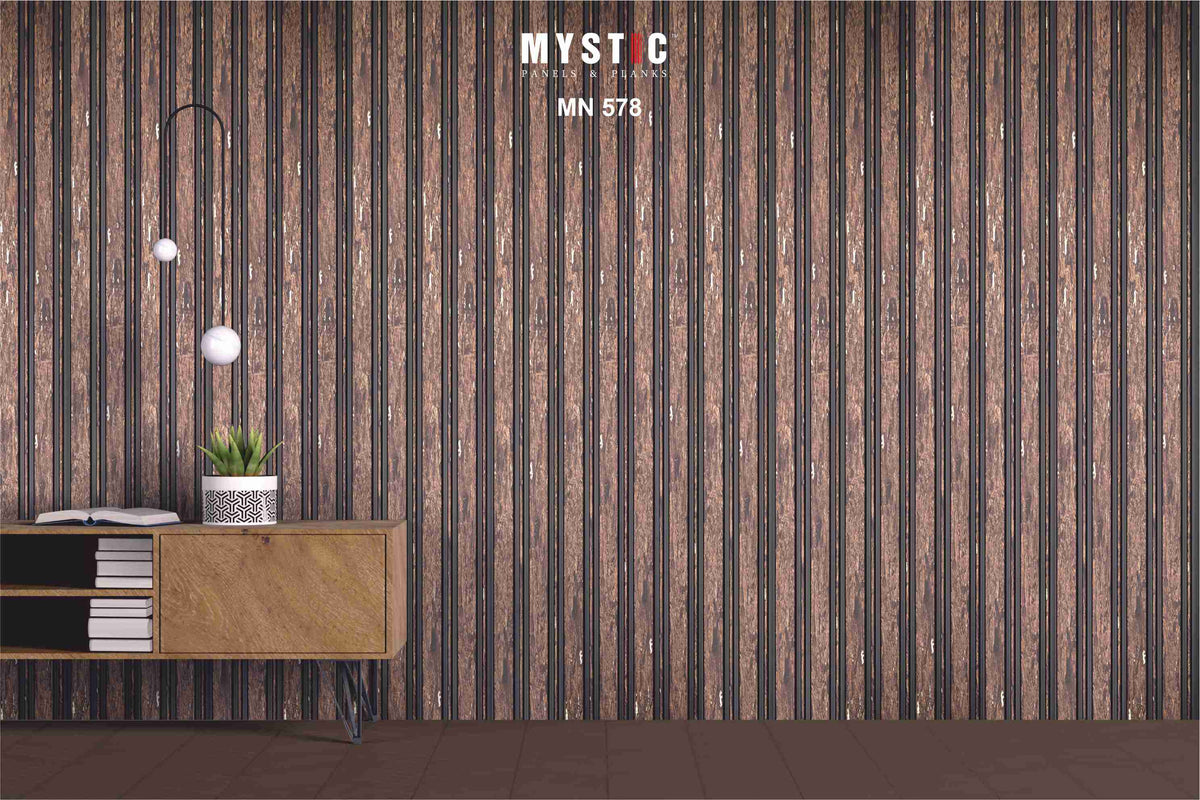 Mystic Luxxouvers MN-578 louver panel, brown cork-burl print with gold flecks and black groove channels