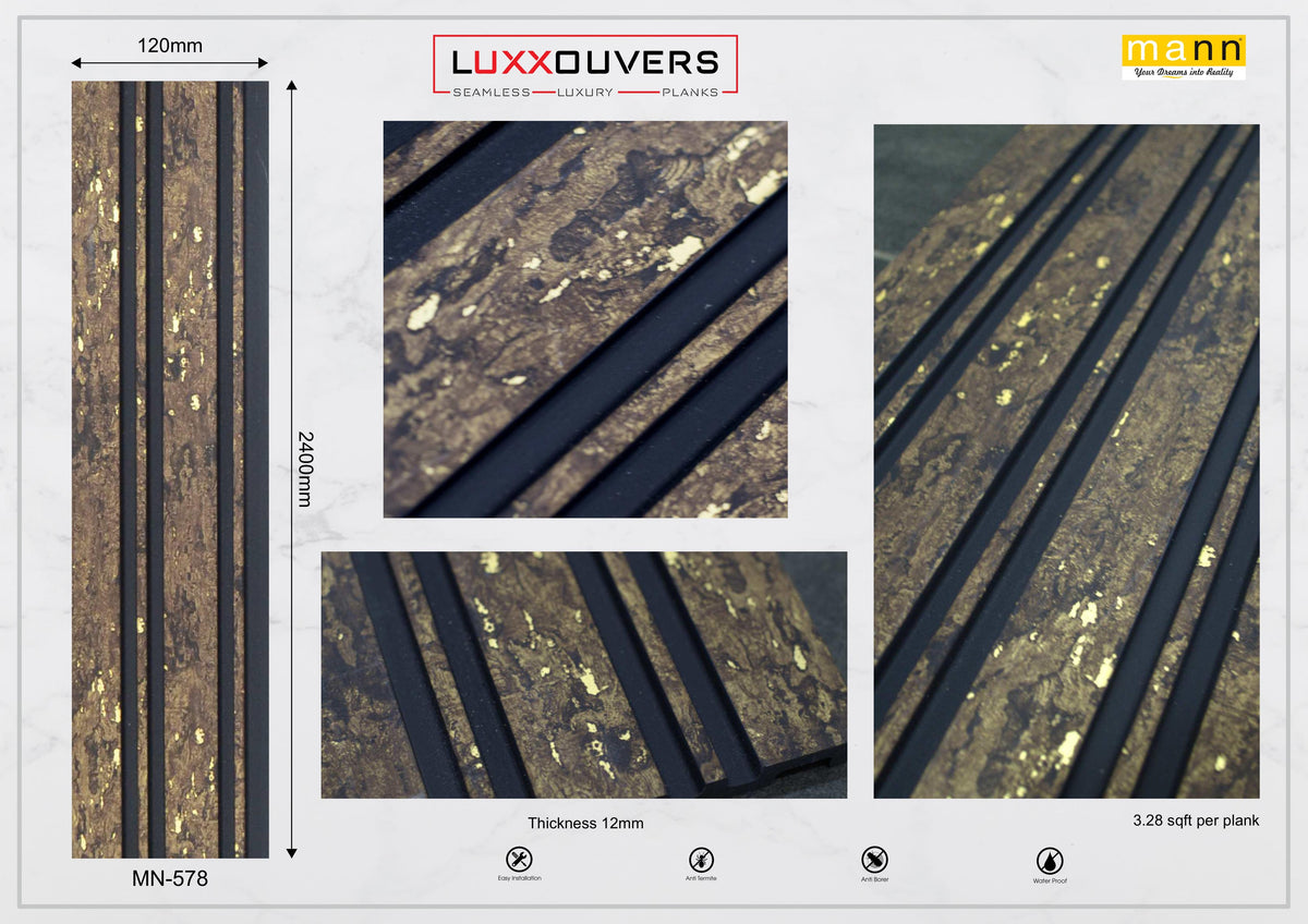 Mystic Luxxouvers MN-578 louver panel, brown cork-burl print with gold flecks and black groove channels