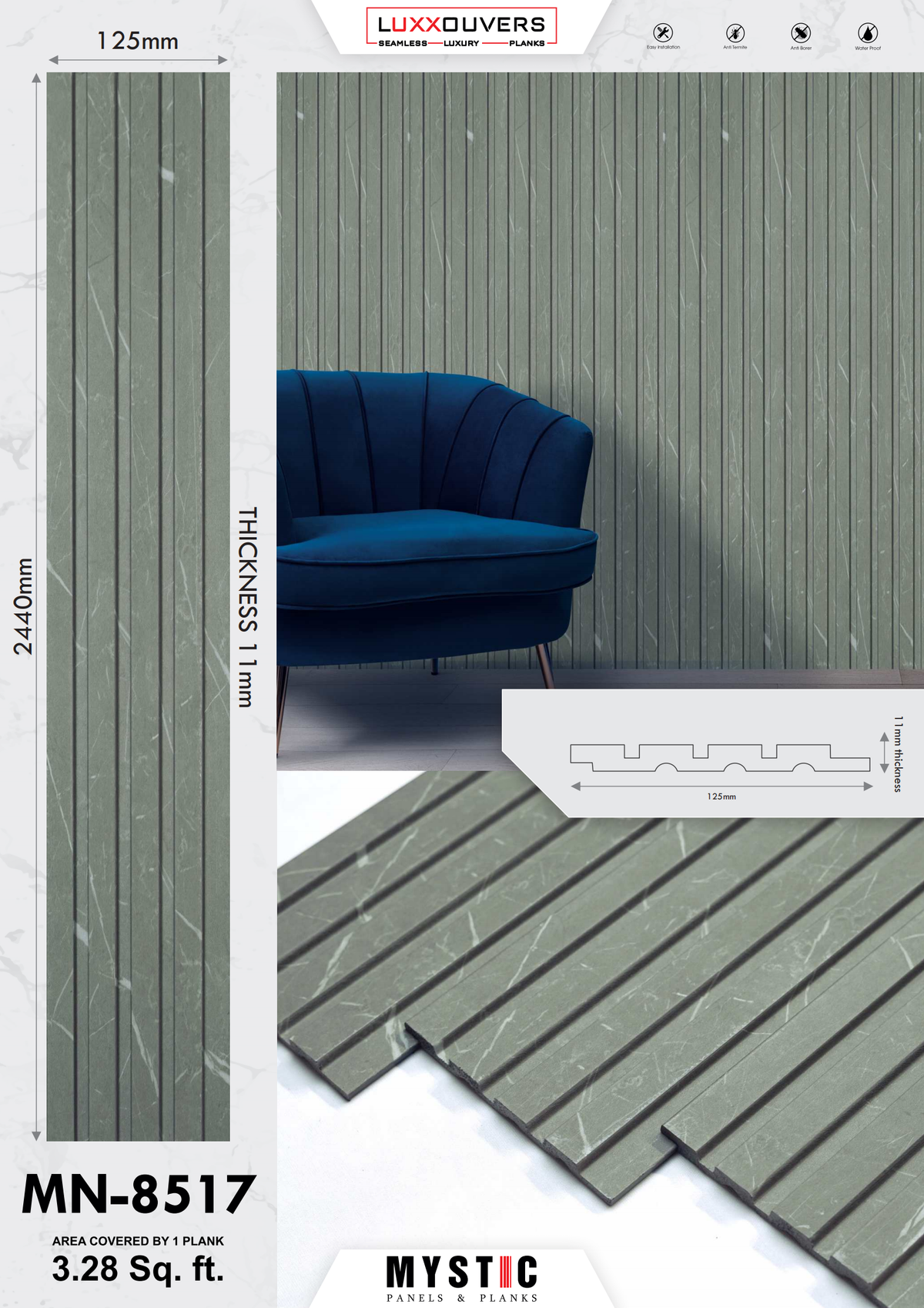 Mystic MN-8517 grey-green marble look fluted louver face