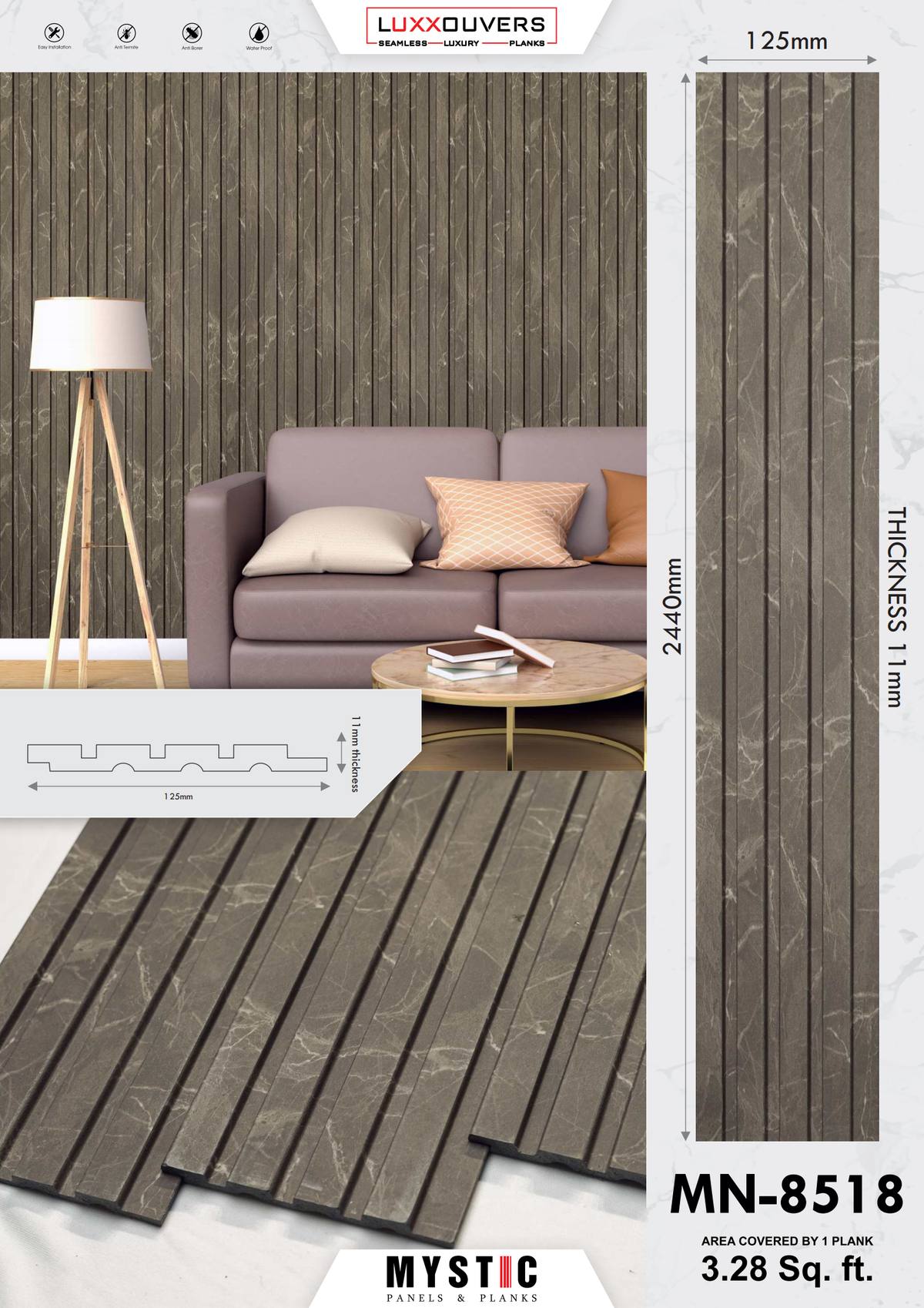 Dark grey marble-print fluted louver panel MN 8518