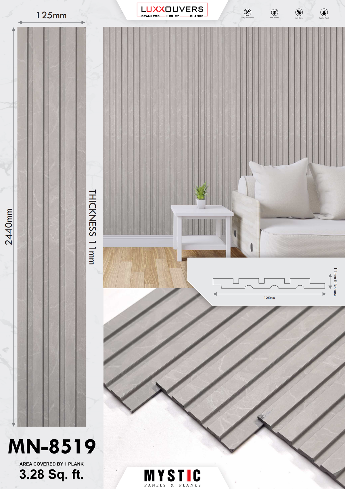 Light grey marble-print fluted louver panel MN 8519
