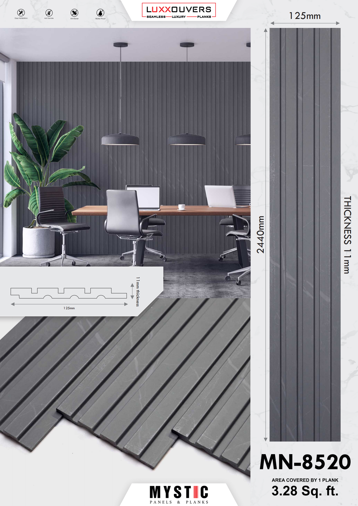Teal grey marble-print fluted louver panel MN 8520