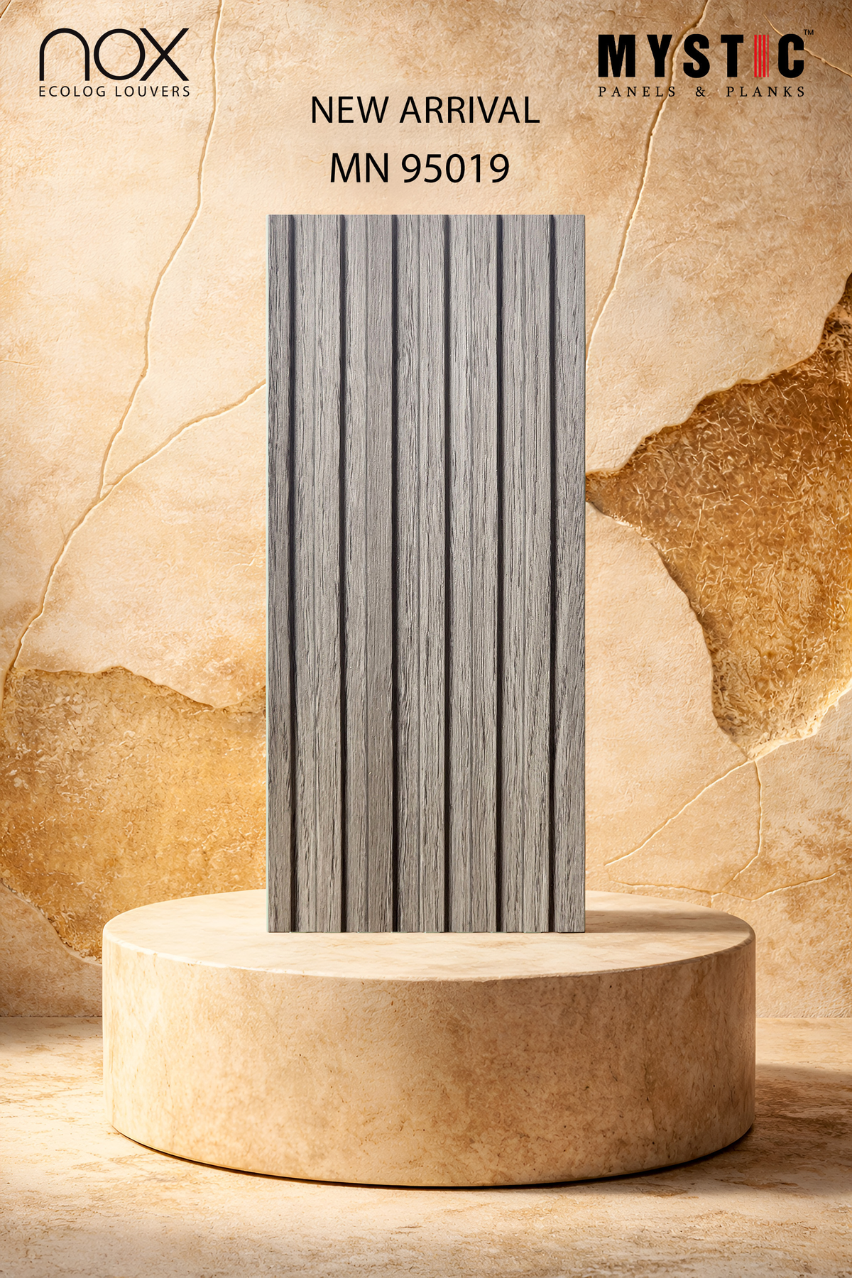 Grey oak wood-grain fluted louver panel, Mystic Nox MN 95019
