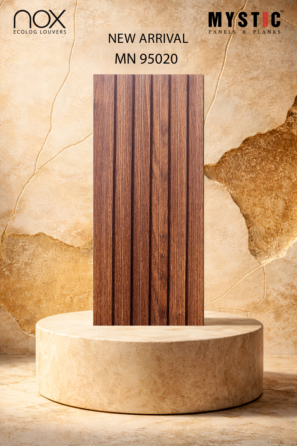 Brown oak wood-grain fluted louver panel, Mystic Nox MN 95020