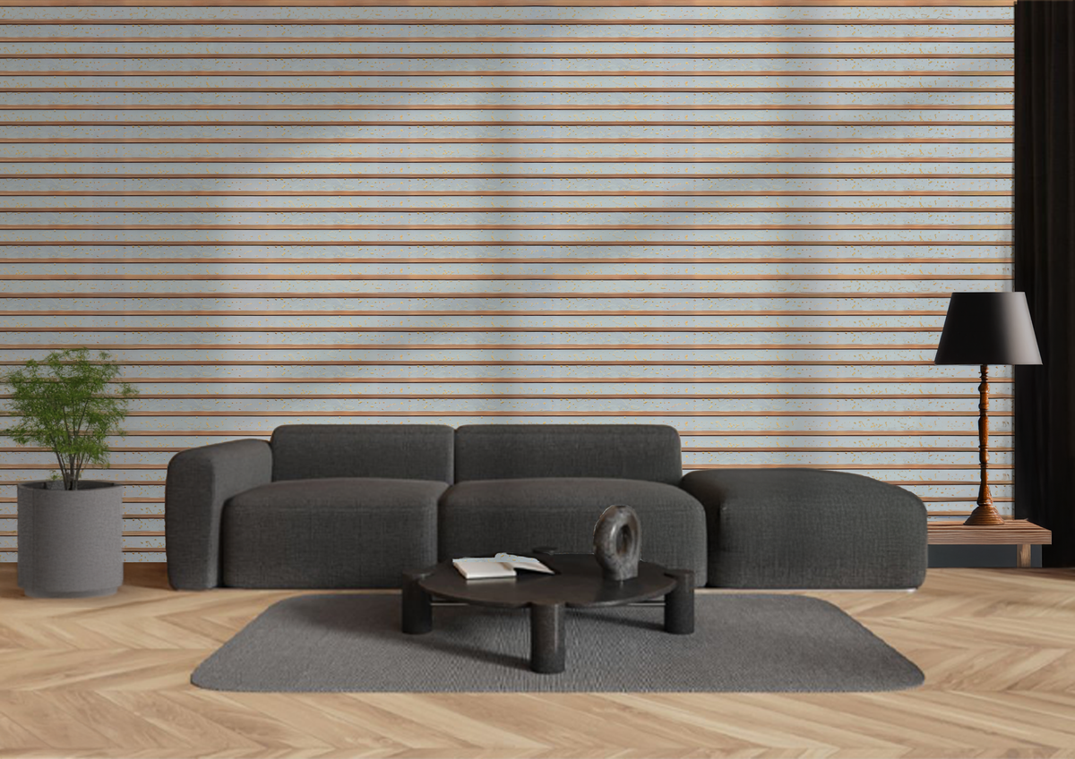 Pastel blue fluted louver with gold foil flecks, Mystic Oxido MN 9544